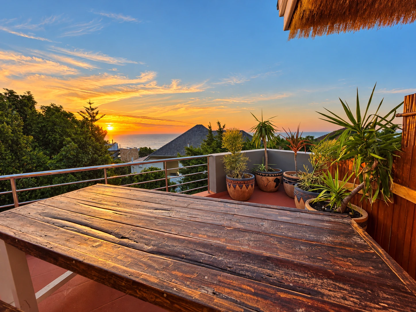 Communal sea-view terrace at sunset